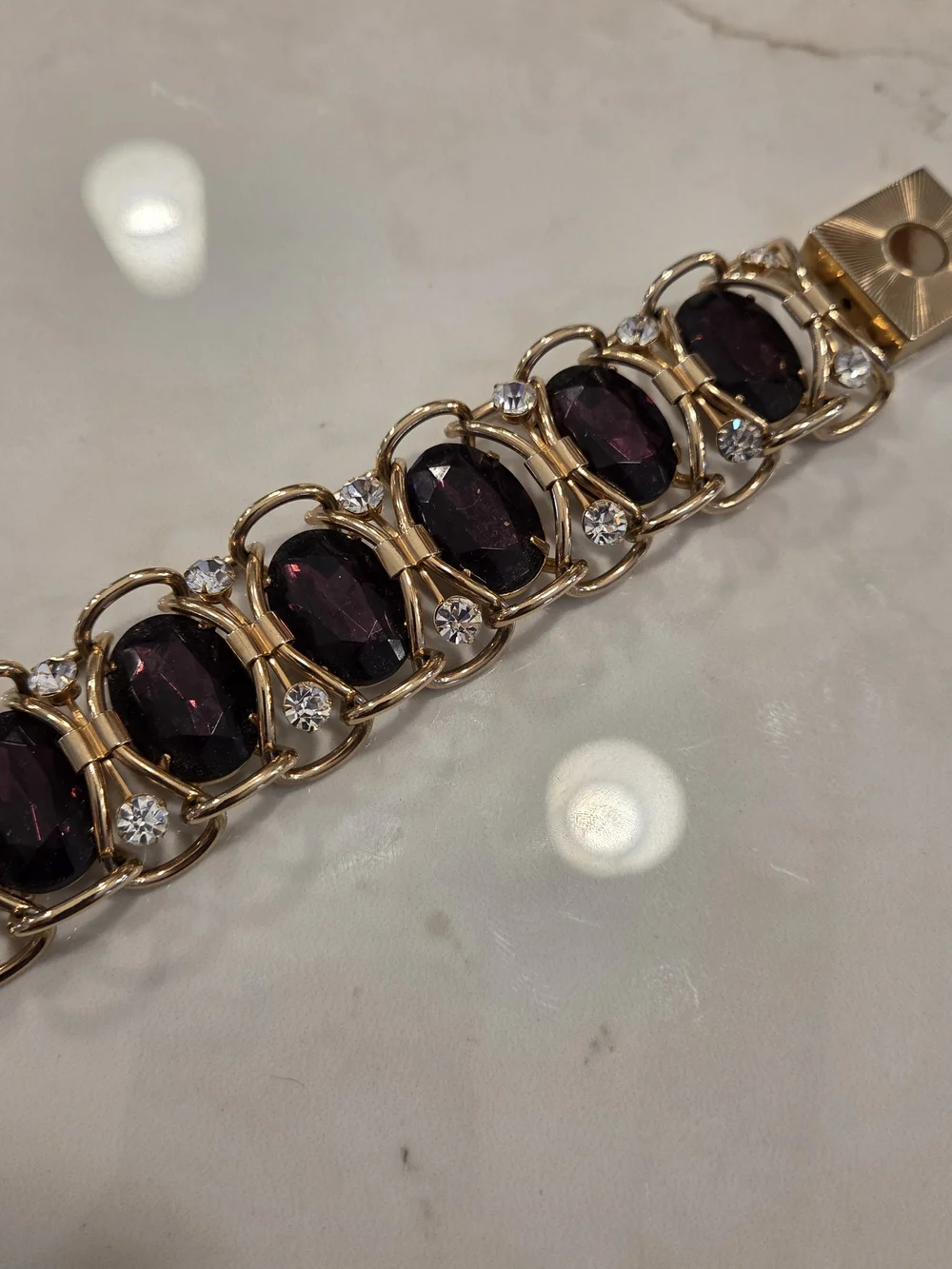 Gold Bracelet with Deep Purple Gemstones and Clear Accents - Picture 4 of 7